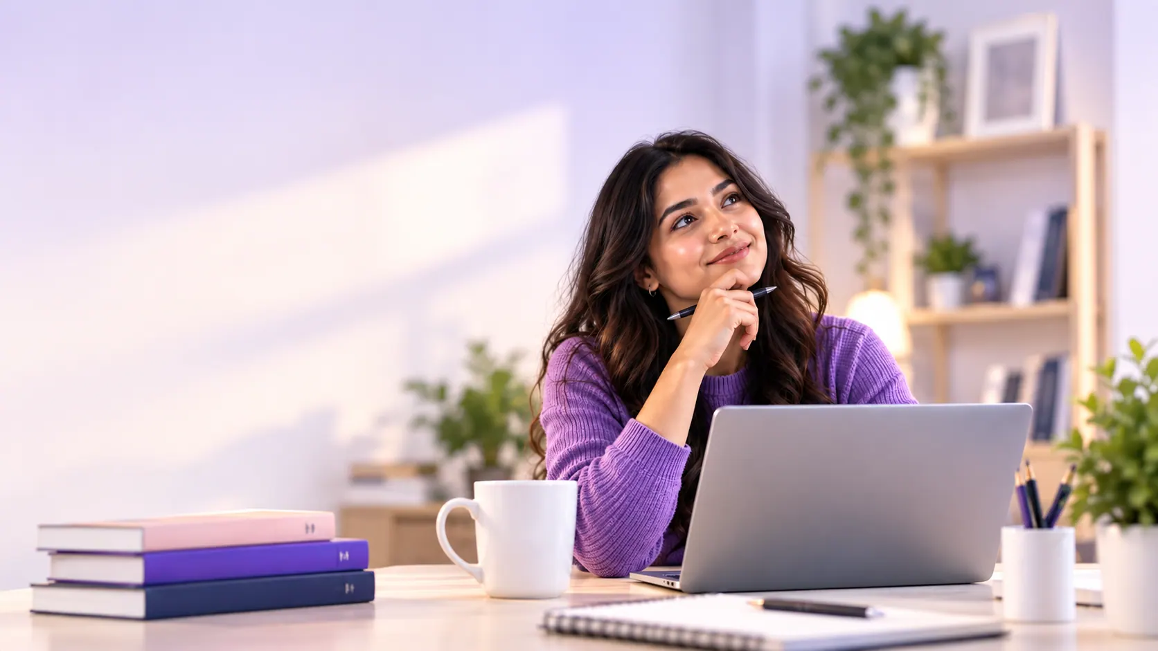 Professional at her desk, smiling as she thinks about her next role.